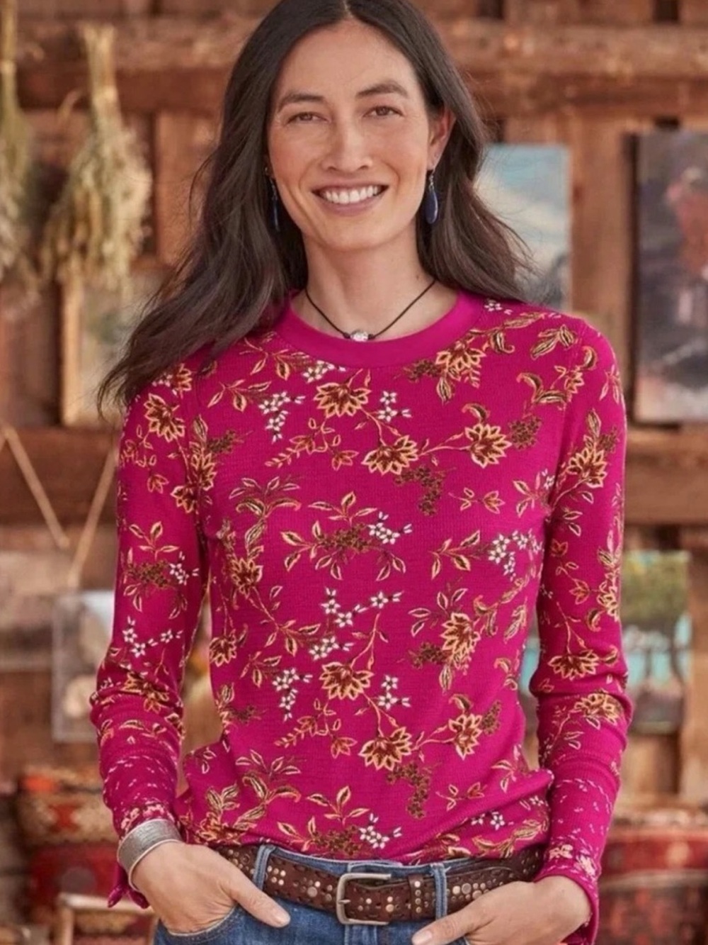 Sundance Loretta Fushia Pink Floral Long Sleeve Thermal Top XXL